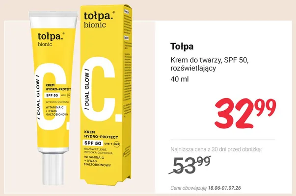 Krem do twarzy Tołpa Bionic rozświetlający SPF 50 promocja w Rossmann