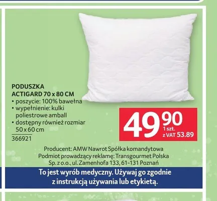 Poduszka Actigard 70x80 cm promocja w Selgros
