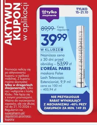 Maskara False Lash Telescopic Extencionist L'Oréal Paris promocja w Super-Pharm