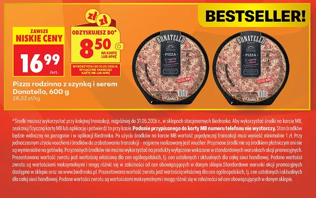 Pizza rodzinna z szynką i serem Donatello promocja w Biedronka