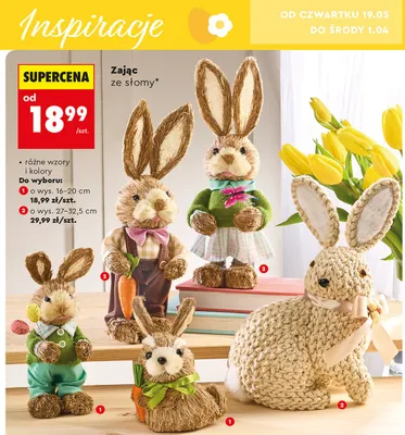 Zając ze słomy różne wzory i kolory wys. 27-32,5 cm promocja w Biedronka