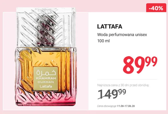 Woda perfumowana unisex Lattafa Khamrah Dukhan promocja w Rossmann