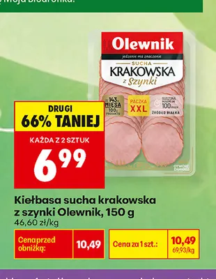 Kiełbasa sucha krakowska z szynki Olewnik promocja w Biedronka