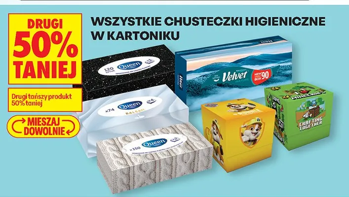 Wszystkie chusteczki higieniczne w kartoniku DRUGIE -50% promocja w Biedronka