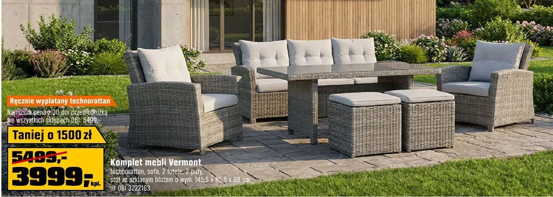 Komplet mebli Vermont technorattan sofa 2 fotele 2 pufy stół ze szklanym blatem 145,5x85,5x68cm promocja w OBI