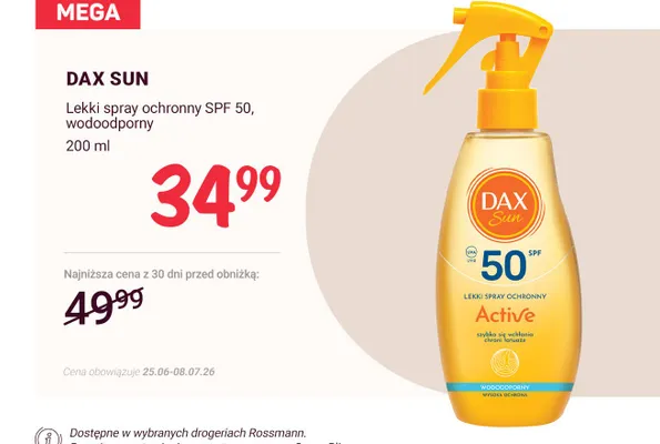 Lekki spray ochronny SPF 50 wodoodporny Dax Sun promocja w Rossmann