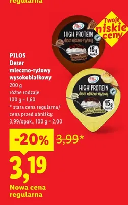Deser mleczno-ryżowy wysokobiałkowy Pilos promocja w Lidl