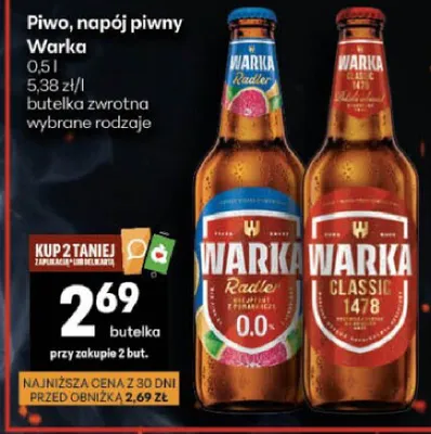 Piwo napój piwny Warka promocja w Delikatesy Centrum