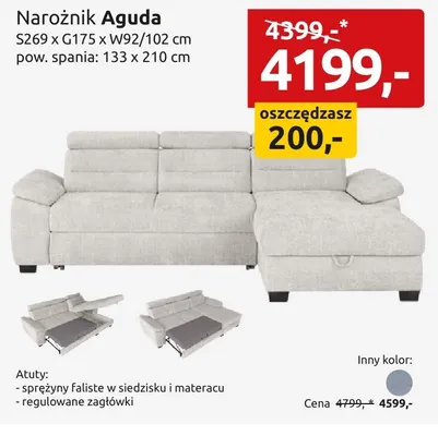 Narożnik Aguda S269xG175xW92/102cm pow. spania: 133x210cm promocja w Black Red White