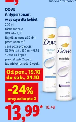 Antyperspirant w sprayu dla kobiet classic fresh Dove promocja w Lidl