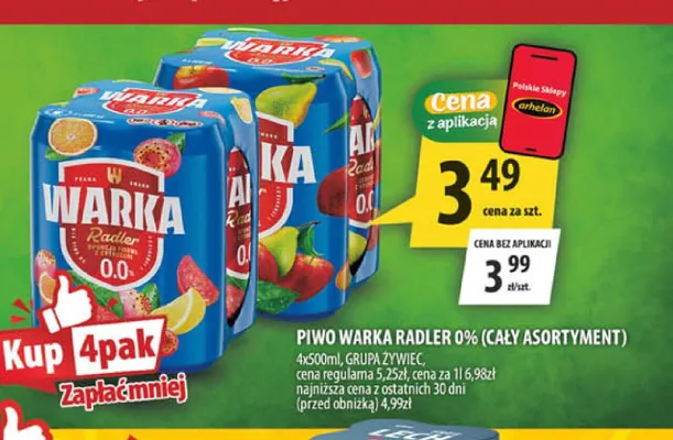 Piwo bezalkoholowe Warka Radler 0% 4-pak 500ml promocja w Arhelan