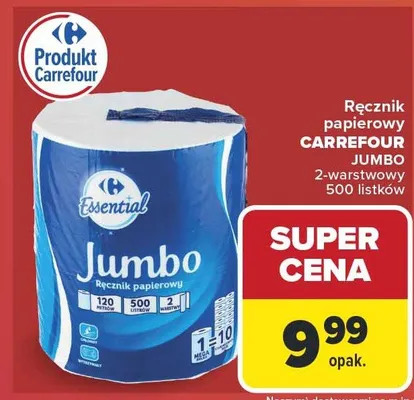 Ręcznik papierowy Carrefour Essential Jumbo 2-warstwowy 500 listków promocja w Carrefour