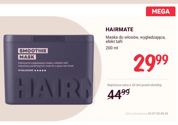 Maska do włosów Hairmate wygładzająca efekt tafli promocja w Rossmann