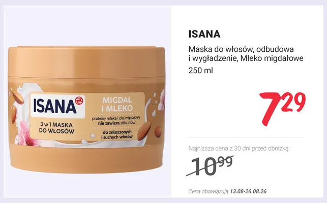 Maska do włosów Isana odbudowa i wygładzenie Mleko migdałowe promocja w Rossmann