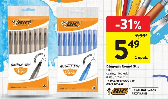 Długopis Round Stic BIC czarny 8-pak promocja w Intermarche