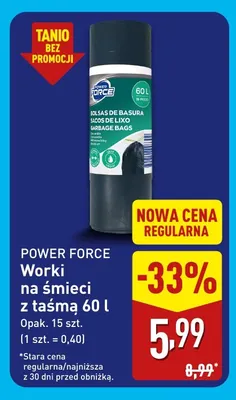 Worki na śmieci z taśmą 60 l Power Force promocja w Aldi