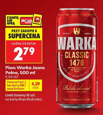 Piwo Warka Classic Jasne Pełne promocja w Biedronka