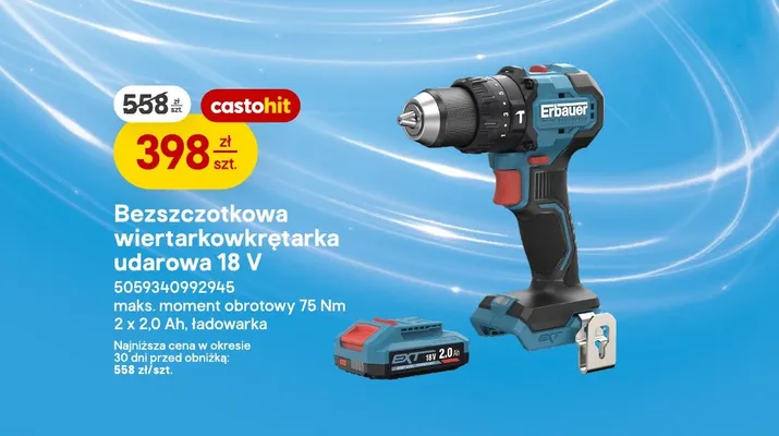 Bezszczotkowa wiertarkowkrętarka udarowa Erbauer promocja w Castorama