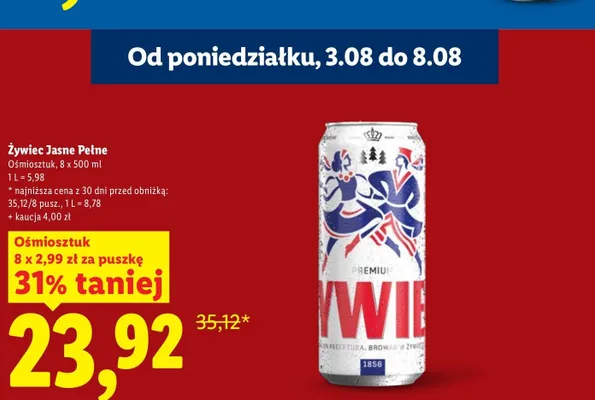 Piwo Żywiec Jasne Pełne 8-pak promocja w Lidl