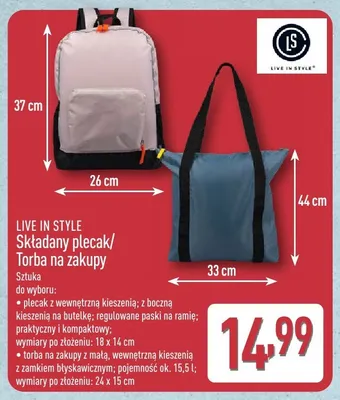 Składany plecak/Torba na zakupy LIVE IN STYLE promocja w Aldi