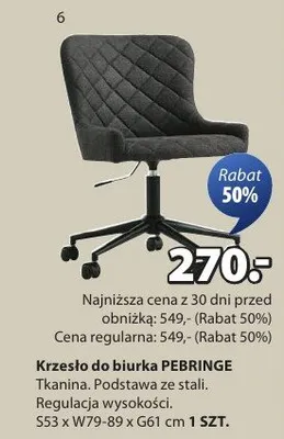 Krzesło do biurka PEBRINGE promocja w Jysk