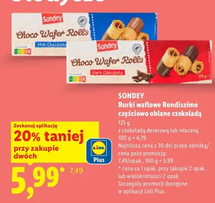 Rurki waflowe Sondey Rondissimo częściowo oblane czekoladą mleczną promocja w Lidl