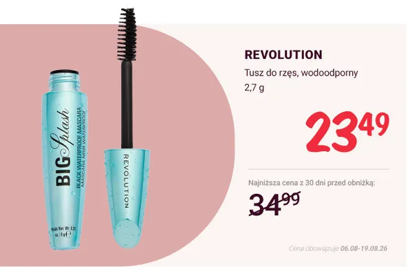Tusz do rzęs wodoodporny Revolution Big Splash promocja w Rossmann