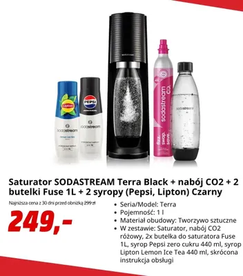 Saturator SodaStream Terra Black + nabój CO2 + 2 butelki Fuse 1 l + 2 syropy (Pepsi, Lipton) czarny promocja w Media Markt