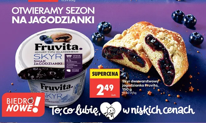 Skyr dwuwarstwowy Fruvita smak Jagodzianki promocja w Biedronka
