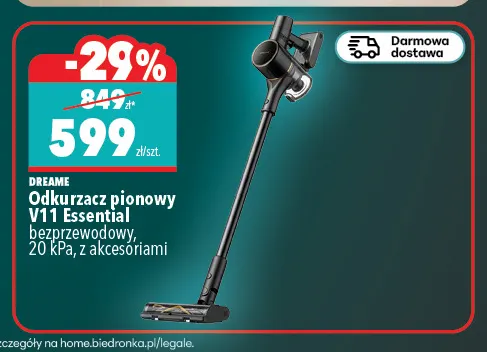 Odkurzacz pionowy V11 Essential bezprzewodowy z akcesoriami Dreame promocja w Biedronka Home