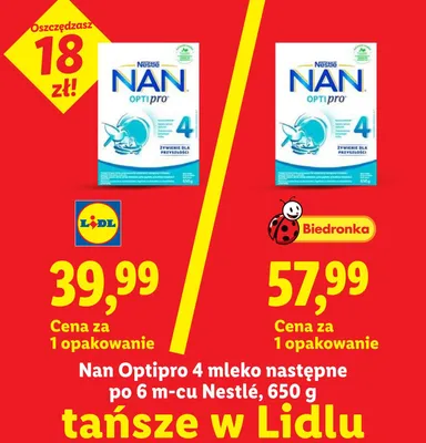 Mleko następne Nan Optipro 4 po 6m-cu Nestlé promocja w Lidl