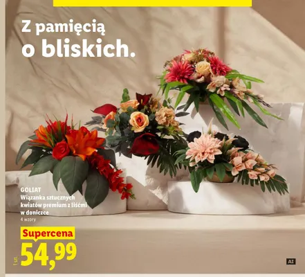 Wiązanka sztucznych kwiatów premium z liśćmi w doniczce Goliat promocja w Lidl