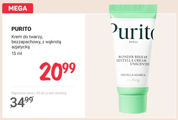 Krem do twarzy bezzapachowy z wąkrotą azjatycką PURITO promocja w Rossmann