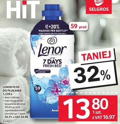 Płyn do płukania Lenor 7 Days Fresh Bed 1,239l promocja w Selgros