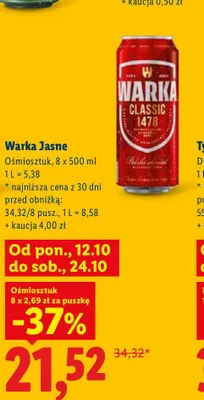Piwo Warka 8-pak 500 ml promocja w Lidl