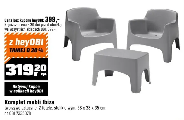 Komplet mebli Ibiza tworzywo sztuczne 2 fotele stolik 58x38x35cm promocja w OBI