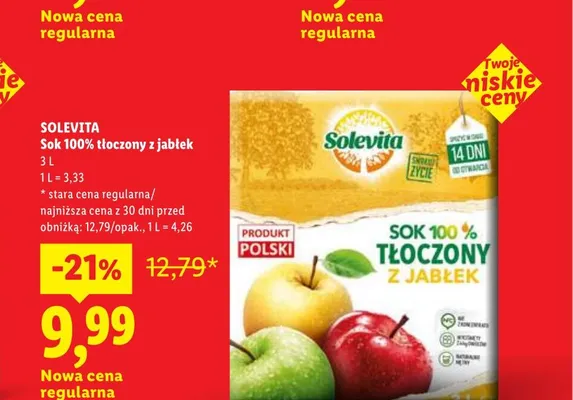 Sok 100% tłoczony z jabłek Solevita promocja w Lidl