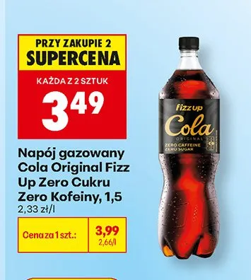 Napój gazowany Cola Original Fizz Up Zero Cukru Zero Kofeiny promocja w Biedronka
