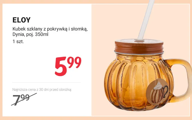 Kubek szklany z pokrywką i słomką Dynia 350 ml Eloy promocja w Rossmann