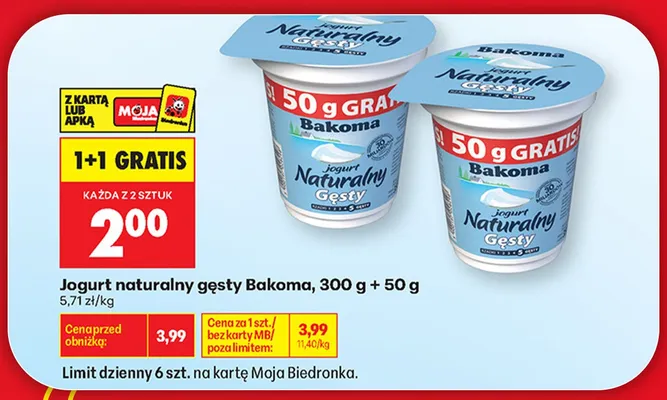 Jogurt naturalny gęsty Bakoma promocja w Biedronka