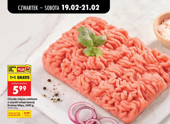Mięso mielone chude z szynki wieprzowej 1+1 GRATIS promocja w Biedronka
