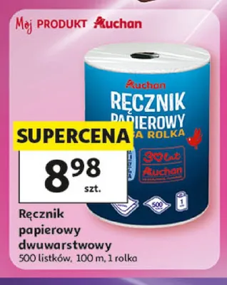 Ręcznik papierowy dwuwarstwowy mega rolka Auchan 500 listków 100m promocja w Auchan