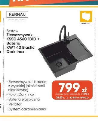 Zestaw zlewozmywak Kernau KSSD 4560 1B1D + bateria Kernau KWT 40 Elastic Dark Inox promocja w Max Elektro