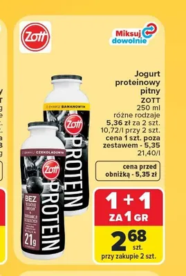 Jogurt proteinowy pitny Zott Protein o smaku bananowym promocja w Carrefour