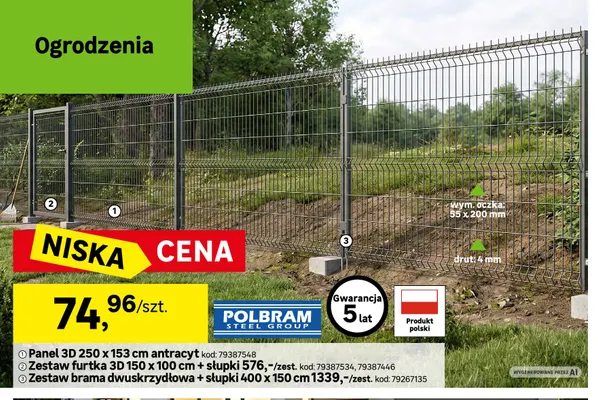 Zestaw brama dwuskrzydłowa + słupki 400x150 cm Polbram promocja w Leroy Merlin