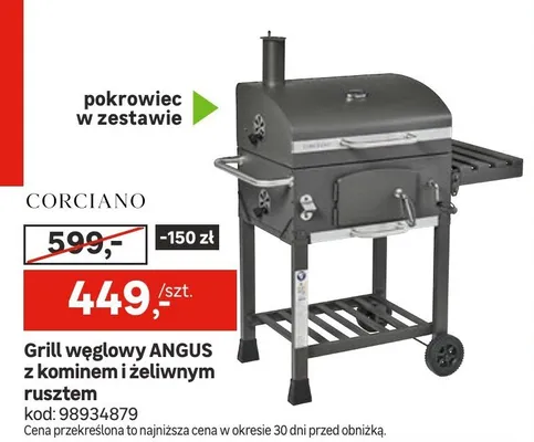 Grill węglowy ANGUS z kominem i żeliwnym rusztem promocja w Leroy Merlin