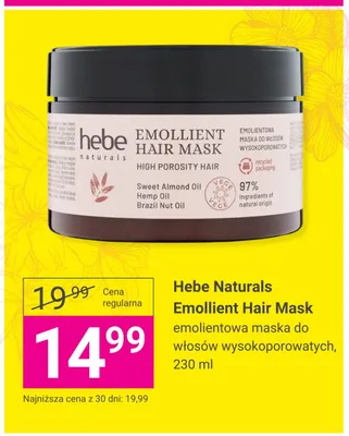 Maska do włosów emolientowa Hebe Naturals Emollient Hair Mask promocja w Hebe