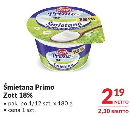 Śmietana Primo Zott 18% promocja w Makro