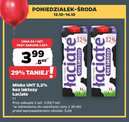 Mleko UHT bez laktozy Łaciate 3,2% promocja w Netto