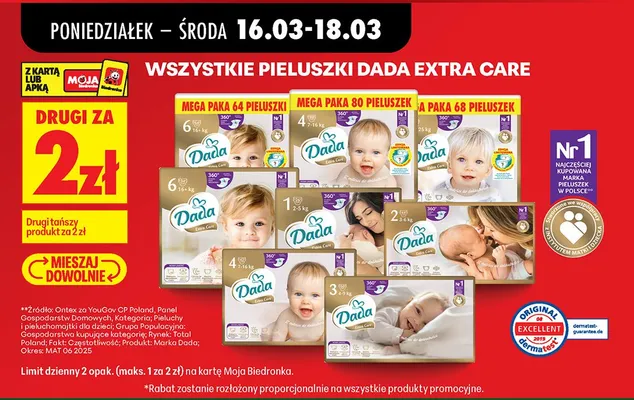 Wszystkie pieluszki Dada Extra Care DRUGIE ZA 2 ZŁ promocja w Biedronka
